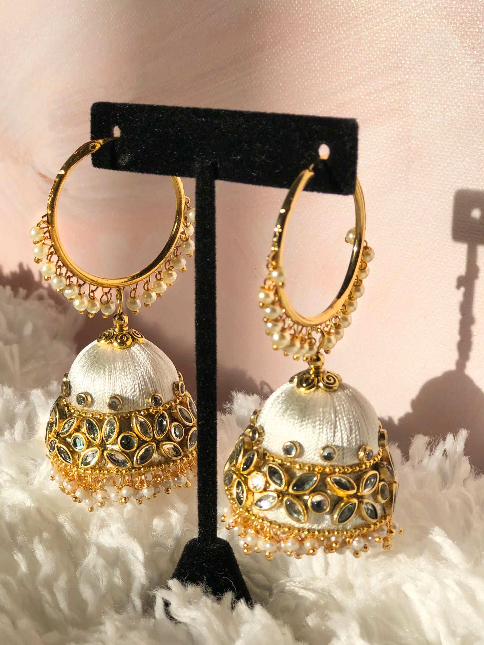 White Grand Jhumka Earrings