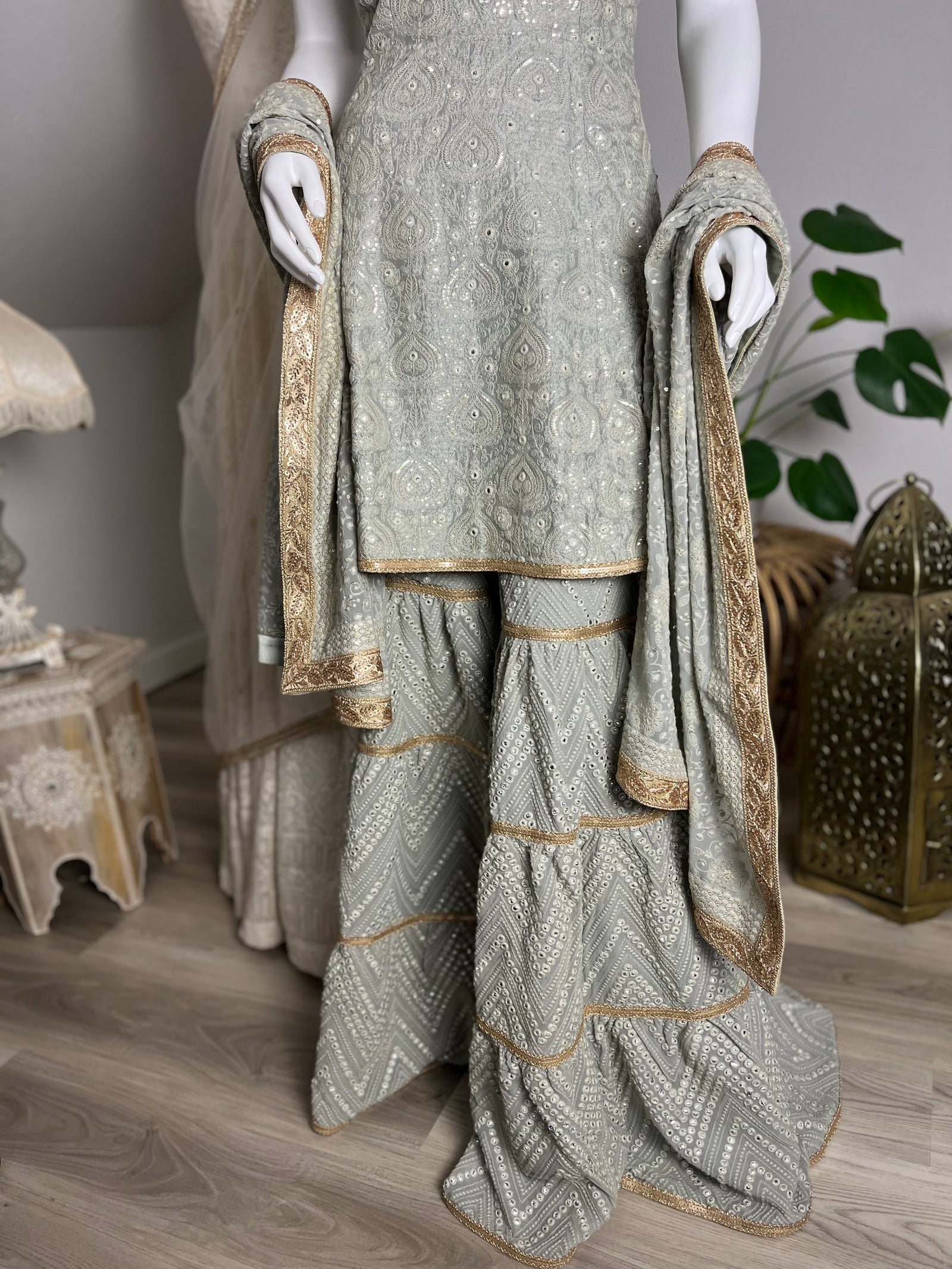 Antique Blue Chikankari Sharara Set