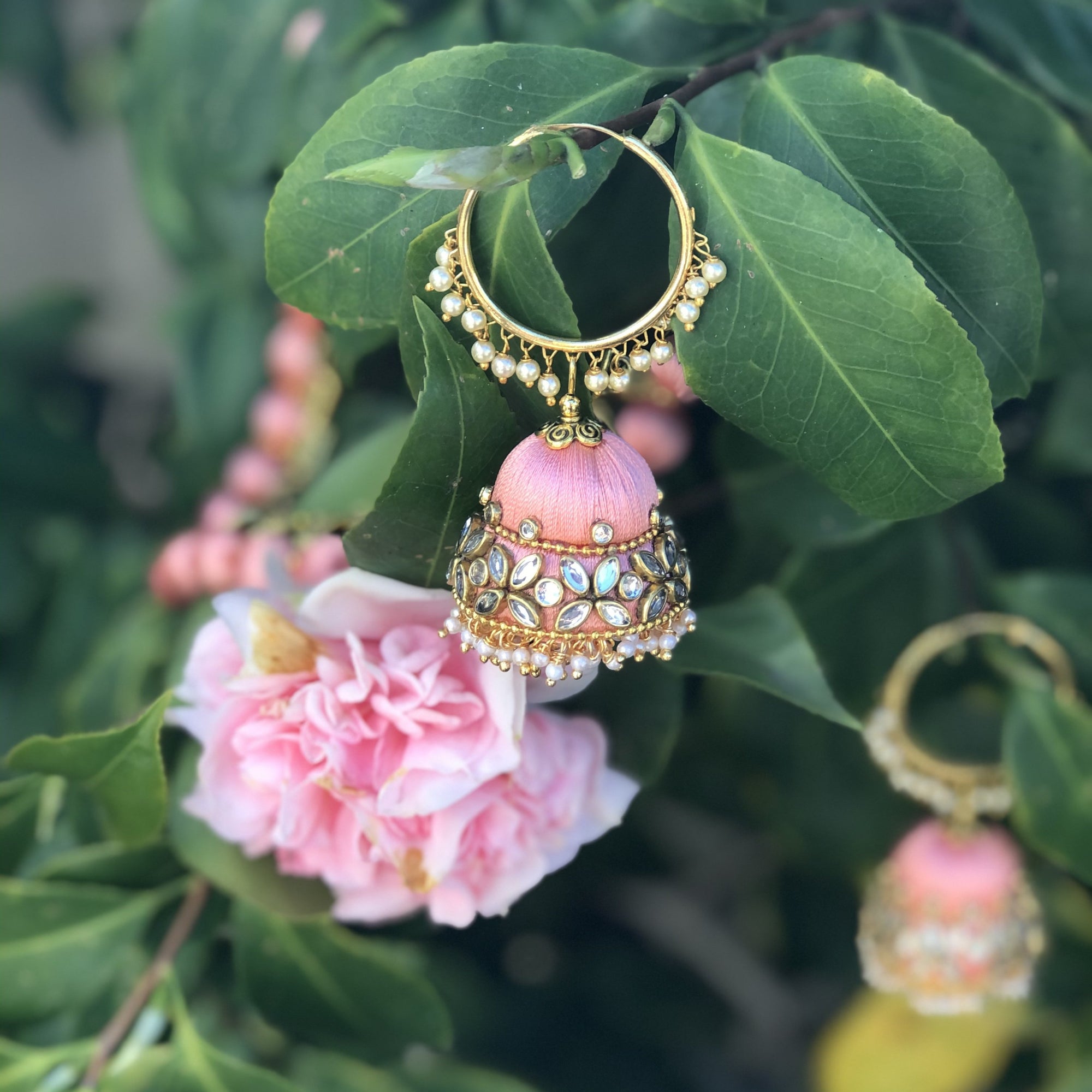 Petal Pink Grand Jhumka Thread Earrings